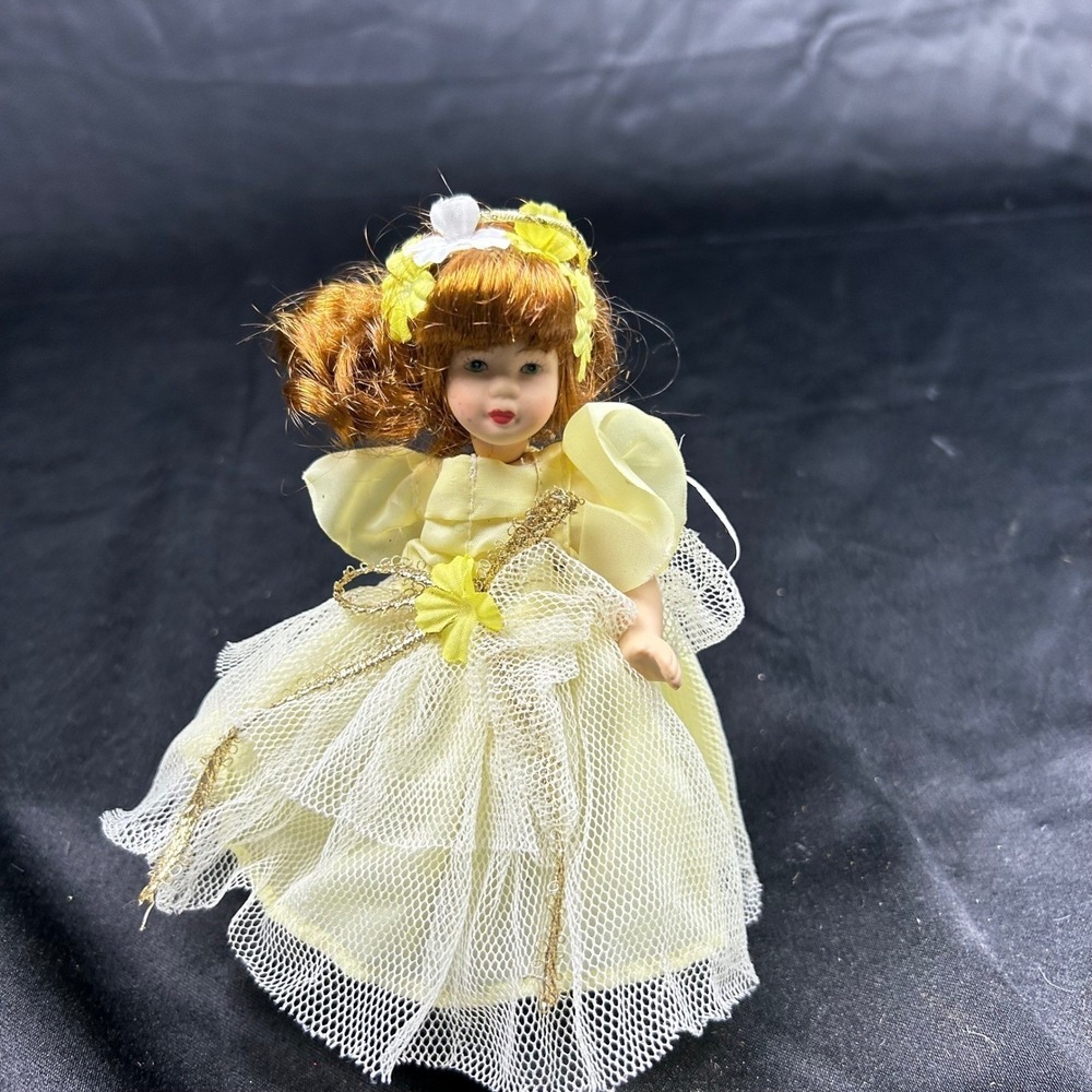 Miniature Porcelain Doll Auburn Hair Yellow Tiered Dress Gold Trim Ornament